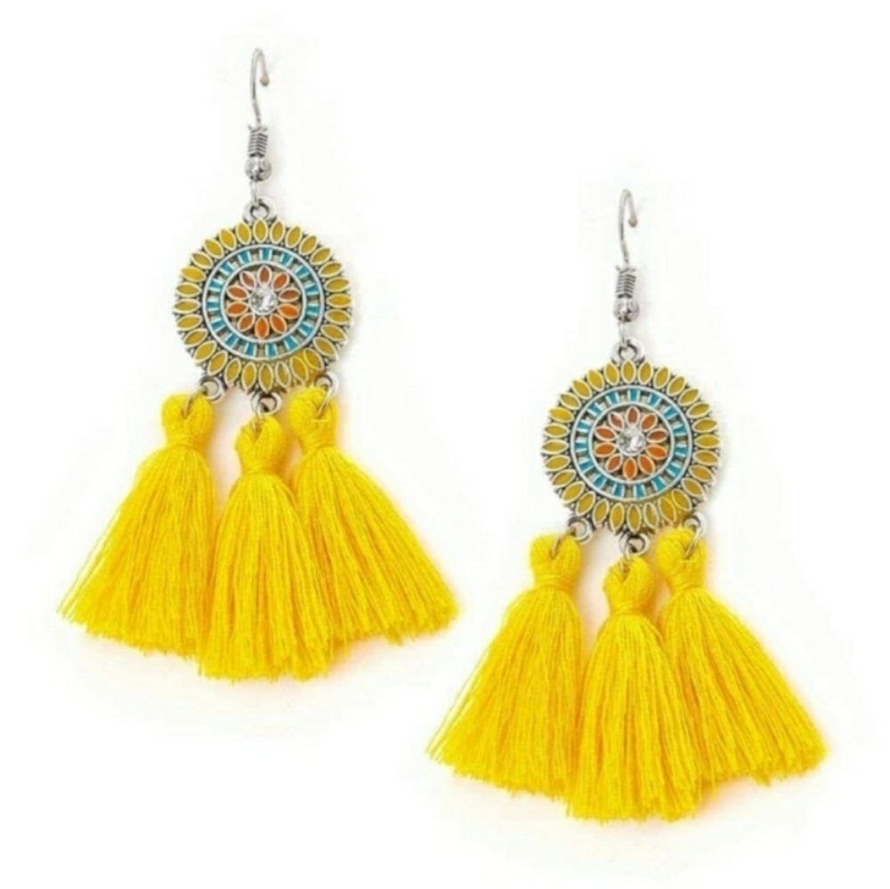 Bohemian Tassels Earrings Dangles Yellow and Silver‎